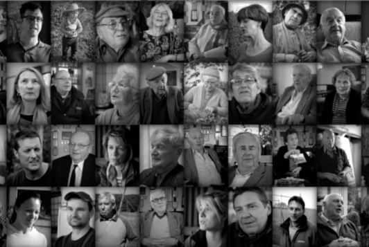 Black and white grid of faces talking