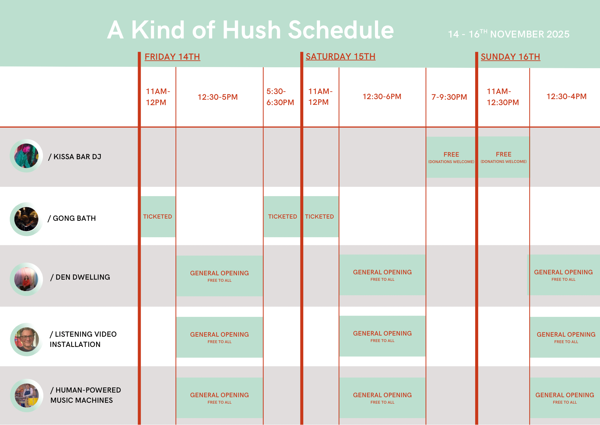 A timetable of events happening over the weekend